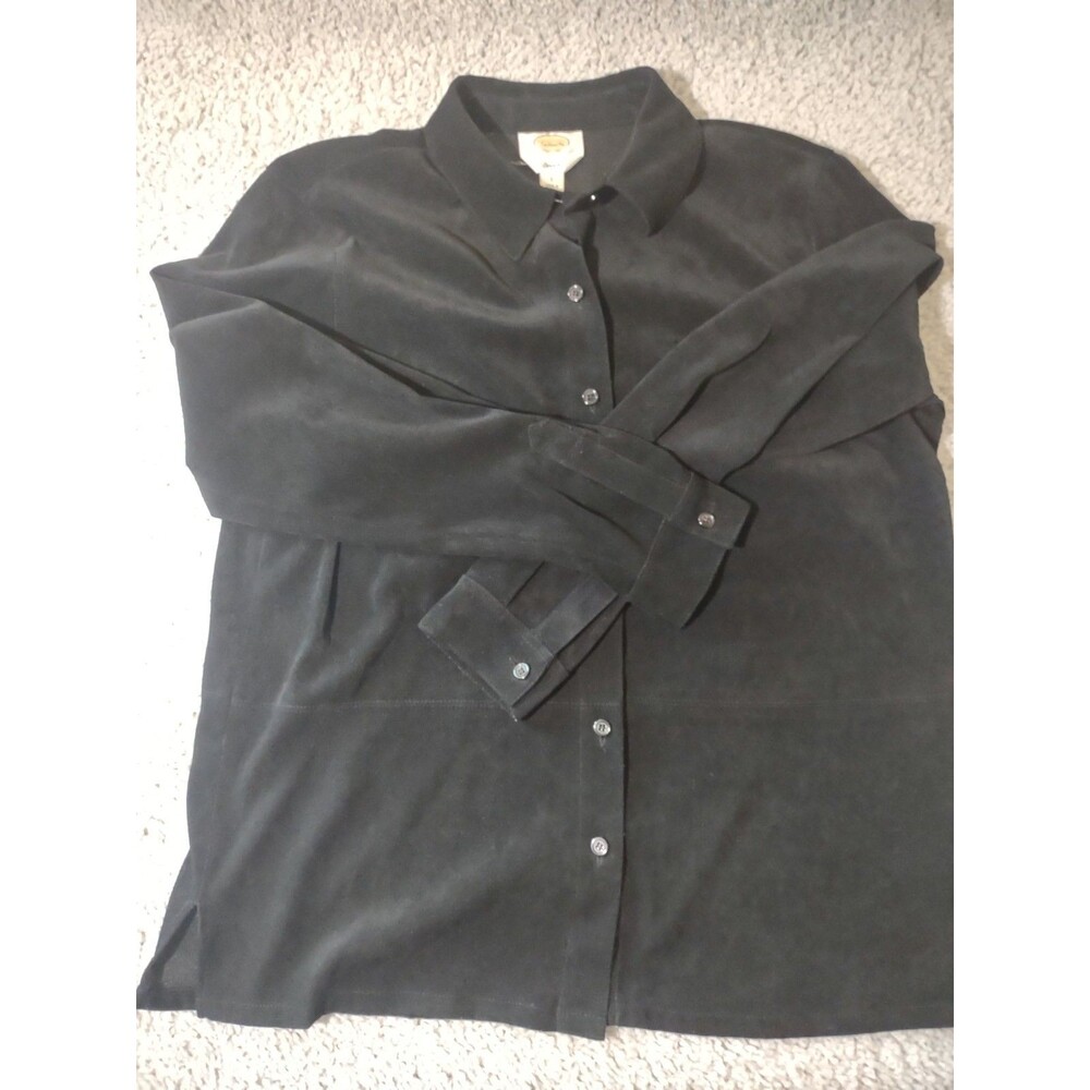 Vtg Talbots Stretch Size L Black Long Sleeve Velvety Faux Suede Button Up